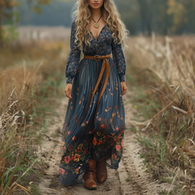 Load image into Gallery viewer, Women's Retro V-neck Floral Long-sleeve Bohemian Pastoral Style Maxi Long Dress