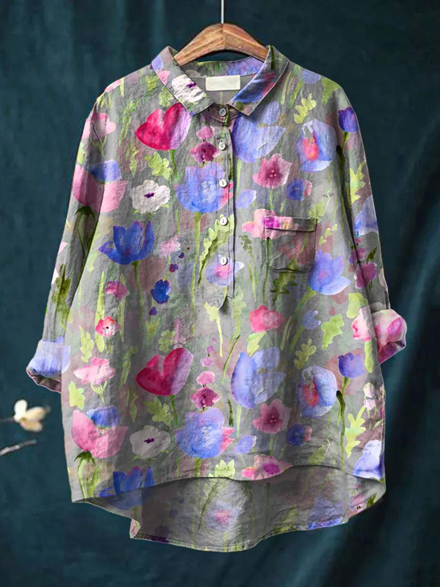 Women's Colorful Flower Print Casual Cotton And Linen Shirt