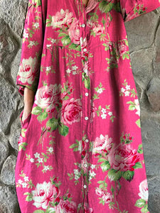 Women's Art Rose Floral Pattern Cotton and Linen Dress with Pockets