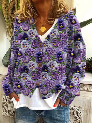 Pansy Floral Embroidery Pattern V Neck Cardigan