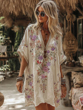 Load image into Gallery viewer, Women's Floral Embroidery Art V Neck Comfy Short Sleeve Midi Dress