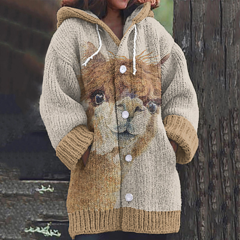 Alpaca Print Knitted Hooded Sweater Cardigan