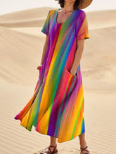Load image into Gallery viewer, Women's Retro Rainbow Art Print Casual Linen Pocket Dress