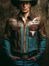 Load image into Gallery viewer, Vintage Western Bull Skull Pattern Men's Linen Long Sleeve Shirt