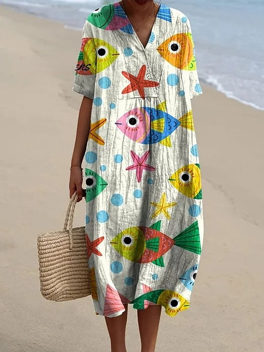 Lovely Cartoon Fish And Sea Star Pattern Printed Women's Flowy Dress