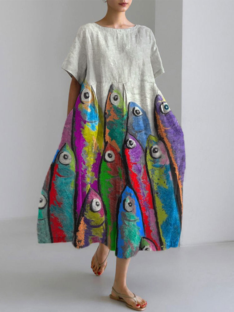 Women's Casual Japanese Art Ocean Fish Print Dress