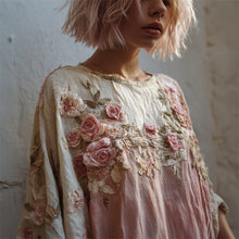 Load image into Gallery viewer, Vintage Cottage Pink Roses Fiber Art Contrast Linen Shirt