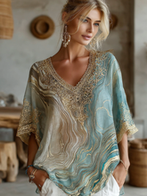 Load image into Gallery viewer, Vintage Marble Texture Collection Bohemia Women Style Gradient Black Gilded Pattern Linen V Neck T-shirt