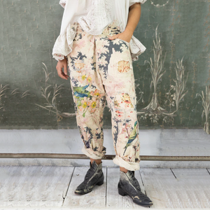 Floral Patchwork Bird Print Elastic Drawstring High Rise Straight Leg Trousers