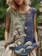 Load image into Gallery viewer, Classy Gradient Japanese Sakura Cherry Blossoms And Sea Wave Embroidered Pattern Linen Tank Top