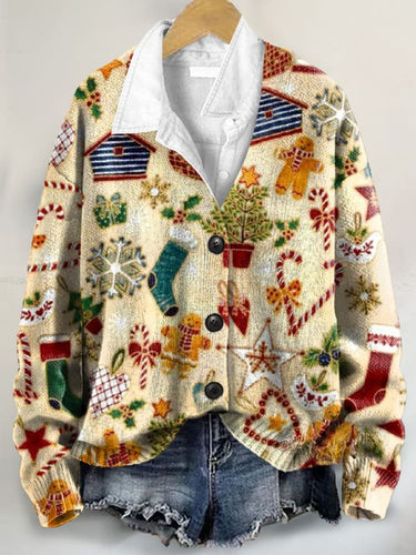 Christmas Retro Pattern Art Print Buttoned V-neck Cardigan Sweater