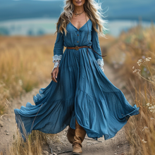 Load image into Gallery viewer, Women's Vintage Pastoral Style V-neck Linen Long-sleeve Maxi Long Dress