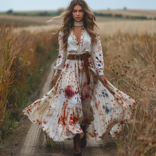 Load image into Gallery viewer, Women's Retro V-neck Linen Pastoral Halloween Style Long-sleeve Maxi Long Dress
