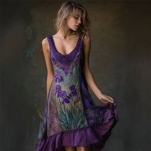 Load image into Gallery viewer, Purple Irises Embroidered Lace Patchwork Flowy Linen Dress