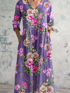 Women's Rose Floral V-Neck Resort Dress