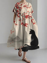 Load image into Gallery viewer, Women's Japanese Cherry Blossom Black Cat Print Short Sleeve Dress