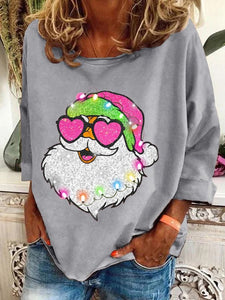 Women'S Pink Santa Christmas Printed Crew Neck Sweatshirt