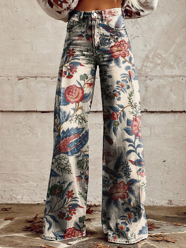 Women's Vintage Print Casual Wide Leg Pants