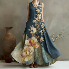 Load image into Gallery viewer, Women's Vintage Floral And Bamboo Art Print Linen Dress