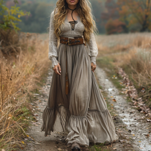 Load image into Gallery viewer, Women's Retro V-neck Country Pastoral Linen Style Long-sleeve Casual Maxi Long Dress