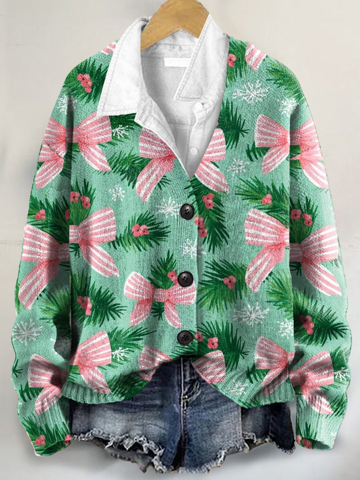 Christmas Pattern Art Print Buttoned V-neck Cardigan Sweater