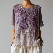 Load image into Gallery viewer, Vintage Purple Floral Embroidered Gradient Linen Shirt