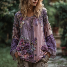 Load image into Gallery viewer, Women's Vintage Floral Stitching Long Sleeve Round Neck Shirt