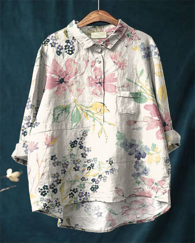 Vintage Floral Print Casual Cotton and Linen Shirt