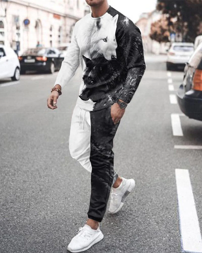 Men's casual printed color matching long-sleeved sports set 027