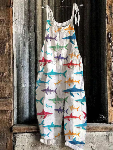 Colorful Shark Knit Pattern Linen Loose Jumpsuit