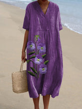 Load image into Gallery viewer, Embroidery Style Purple Pansy Floral Printed Women's Flowy Dress