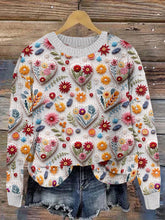 Load image into Gallery viewer, Heart Floral Print Crew Neck Knitted Sweater