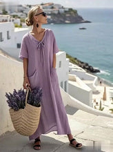 Load image into Gallery viewer, Women's Loose Solid Color Tie V-Neck Pocket Dress