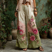 Load image into Gallery viewer, Floral Embroidered Art Print Linen Blend Pants