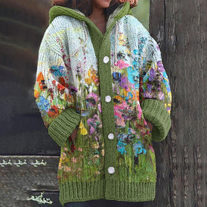 Floral Painting Art Warm Cozy Hooded Cardigan