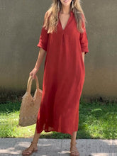 Load image into Gallery viewer, Women's Solid Color V-Neck Linen Pocket Dress