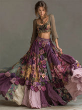 Load image into Gallery viewer, Vintage Purple Roses Embroidered Floral Patchwork Flowy Wide Skirt
