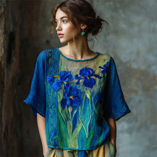 Load image into Gallery viewer, Oil Painting Irises Embroidered Contrast Flowy Linen Tunic