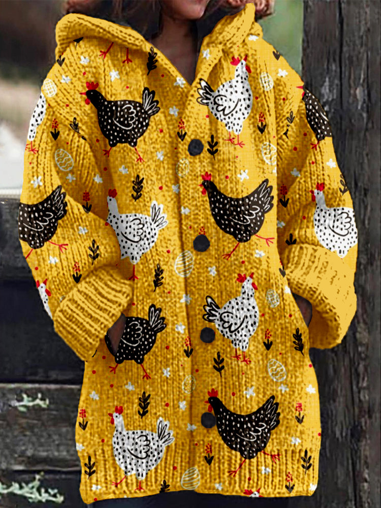 Cute Chicken Graphic Vintage Cozy Hooded Cardigan