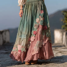 Load image into Gallery viewer, Vintage Boho Roses Embroidered Gradient Flowy Linen Skirt