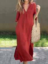 Load image into Gallery viewer, Women's Solid Color V-Neck Linen Pocket Dress