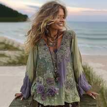 Load image into Gallery viewer, Vintage Purple Lavender And Floral Embroidered Linen V Neck Long Sleeve Shirt