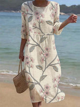 Load image into Gallery viewer, Women's Casual  Round Neck Mid Sleeve Print Cotton and Linen Dress