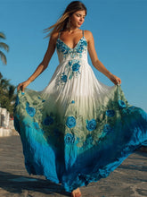 Load image into Gallery viewer, Boho Floral Embroidery Gradient Women's Spaghetti Strap Maxi Dress