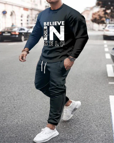 Men's casual printed color matching long-sleeved sports set 029