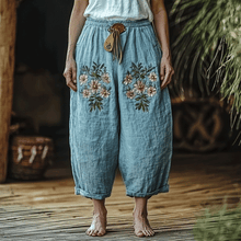 Load image into Gallery viewer, Women's Linen Bohemian Floral Style Cropped Harem Trouser Pants