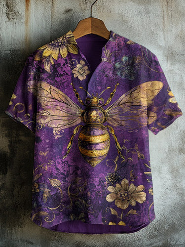 Men's Vintage Purple Bee Floral Graphics Short Sleeve Shirt