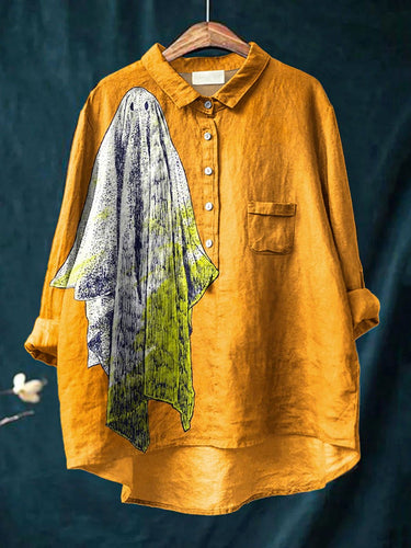 Women's Vintage Halloween Ghost Art Print Casual Cotton And Linen Shirt