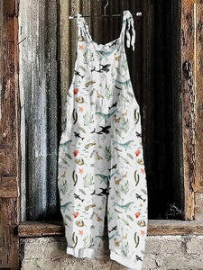 Pacific Ocean Animals Pattern Linen Blend Comfy Jumpsuit
