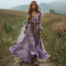 Load image into Gallery viewer, Women's Retro V-neck Floral Long-sleeve Bohemian Pastoral Style Maxi Long Dress